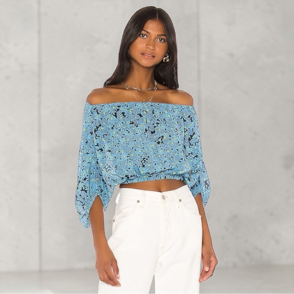 L'Academie Women's The Lorie Top Off-The-Shoulder Cropped Top In Blue Floral XS